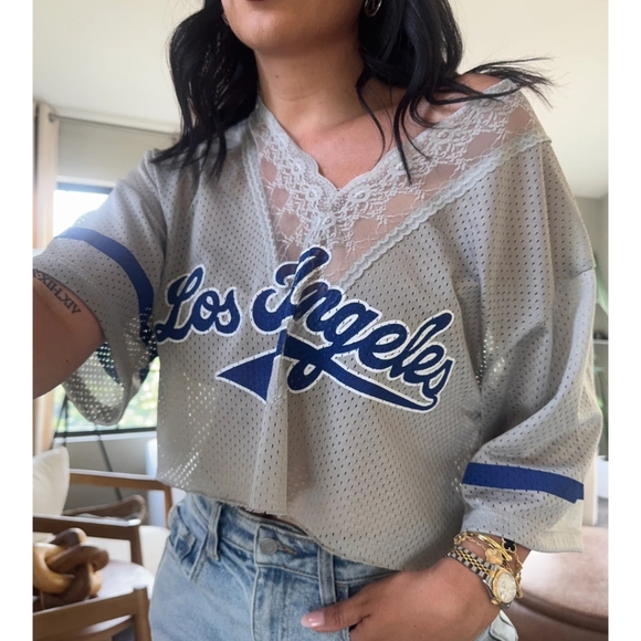 Gray and White Dodgers Jersey Short Sleeve Crop Top - Picture 1 of 2